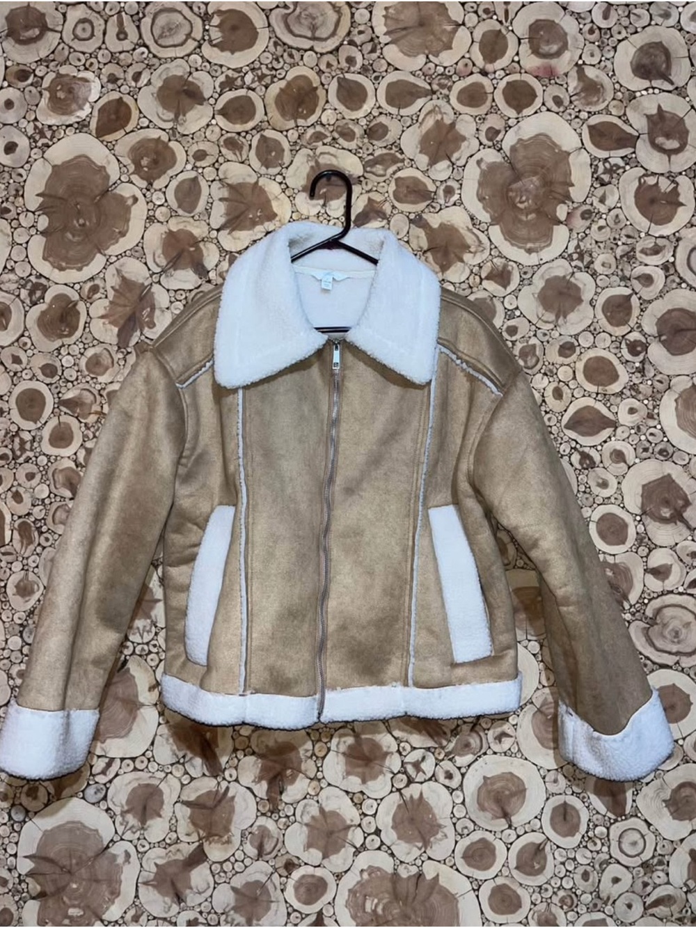 Women's Tan Teddy Shearling Jacket with White Trim